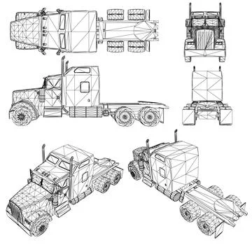 Set with wireframe of a cargo truck without a trailer from black lines isolat Illustrazione stock