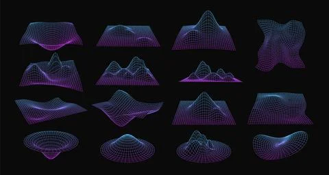 Set of wireframe curved perspective grid shapes illustrations in pink and b.. 스톡 일러스트