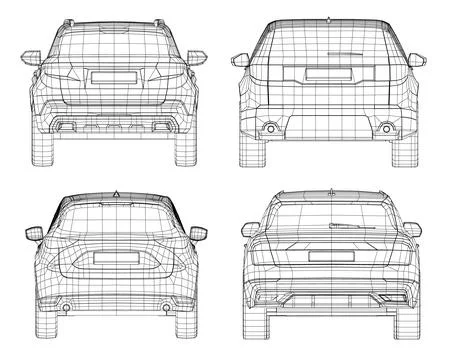 Set of wireframe different models of cars. Vector flat style illustration. Back Stock Illustration