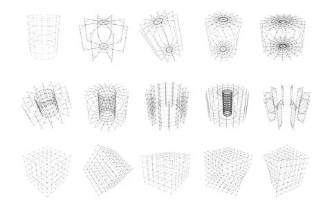 Set of wireframe geometric shapes with connected lines and dots. Collection.. Stock Illustration