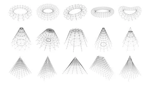 Set of wireframe geometric shapes with connected lines and dots. Collection.. Ilustração Stock