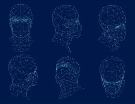 Set of wireframe man head in a mask . Face protection from viruses and air Stock Illustration