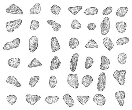 Set of wireframe pebbles and natural stones. Hand drawn illustration vector. Illustrazione stock