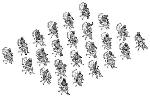 Set with wireframe of people sitting in chairs in different positions from black Illustrazione stock