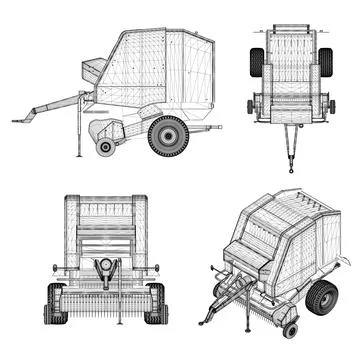 Set with wireframes of harvesting equipment from black lines isolated on whit Stock Illustration