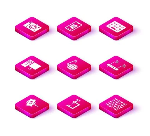 Set Wireless charger, Microscope, Computer monitor, Social network, Binary code Stock Illustration