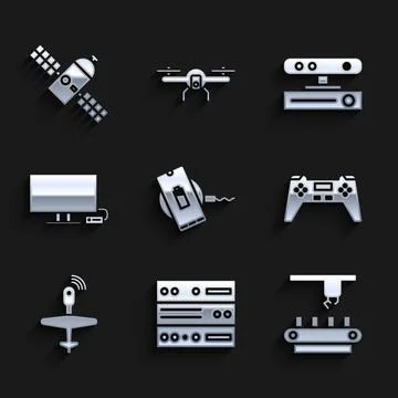Set Wireless charger, Server, Data, Web Hosting, Factory conveyor system belt Stock Illustration