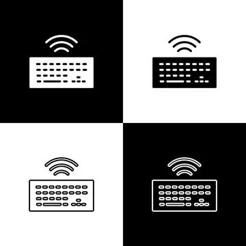 Set Wireless computer keyboard icon isolated on black and white background. PC Stock Illustration