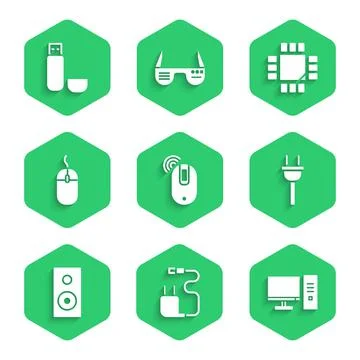 Set Wireless computer mouse, Charger, Computer monitor, Electric plug, Stereo Stock Illustration