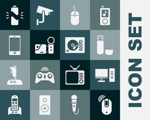 Set Wireless computer mouse, Computer monitor, USB flash drive, Cinema camera Stock Illustration