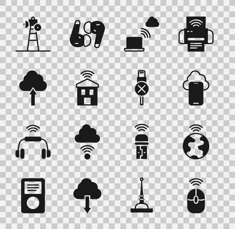 Set Wireless computer mouse, Global technology, Cloud data, Network cloud Stock Illustration