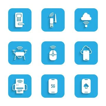 Set Wireless computer mouse, Mobile with 5G, Cloud technology data, Smart Illustrazione stock