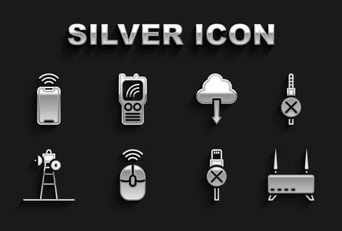 Set Wireless computer mouse, No audio jack, Router and wi-fi signal, usb cable Stock Illustration