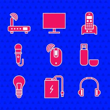Set Wireless computer mouse, Power bank with charge cable, Headphones, USB flash Stock Illustration