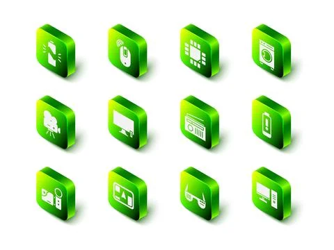 Set Wireless computer mouse, Processor with microcircuits CPU, Washer, Batt.. 스톡 일러스트