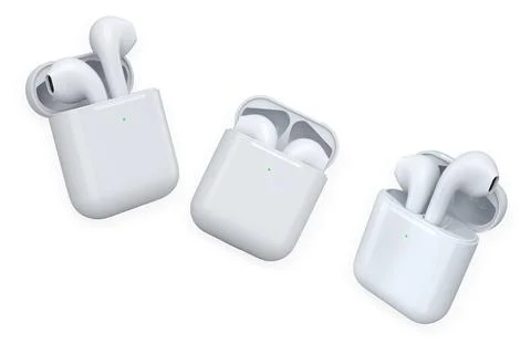 Set of wireless earbud sets in glossy cases isolated on white background, con Stock Illustration