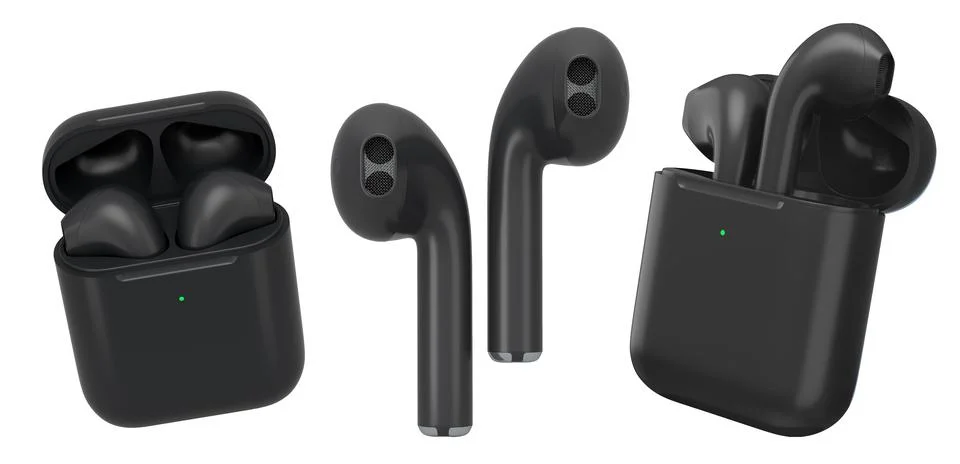 Set of wireless earbuds in charging cases shown isolated on white background Stock Illustration