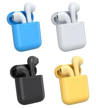 Set of wireless earbuds in charging cases shown isolated on white backgroun.. Stock Illustration