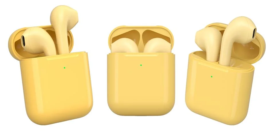 Set of wireless earbuds in charging cases shown isolated on white backgroun.. Ilustração Stock