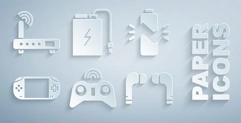 Set Wireless gamepad, Broken battery, Portable video console, Air headphone.. イラスト素材