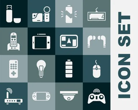 Set Wireless gamepad, Computer mouse, Air headphones, Broken battery, Graphic Stock Illustration