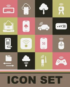 Set Wireless gamepad, computer mouse, 5G wireless internet, Cloud download Stock Illustration