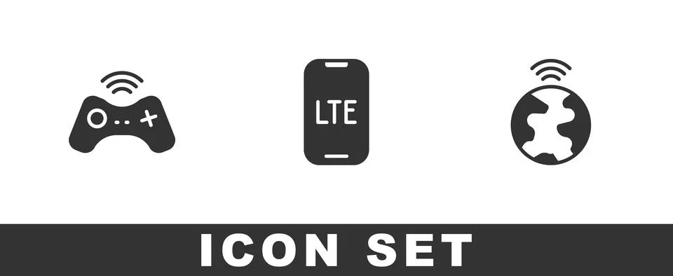 Set Wireless gamepad, LTE network and Global technology icon. Vector Stock Illustration