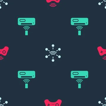 Set Wireless gamepad, Network and Air conditioner on seamless pattern. Vector Stock Illustration