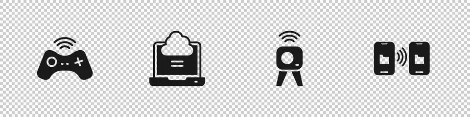 Set Wireless gamepad, Network cloud connection, Web camera and Data transfe.. Stock Illustration