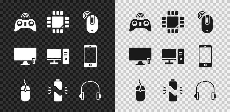 Set Wireless gamepad, Processor with microcircuits CPU, computer mouse, Computer Illustrazione stock