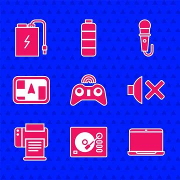 Set Wireless gamepad, Vinyl player, Laptop, Speaker mute, Printer, Gps device イラスト素材