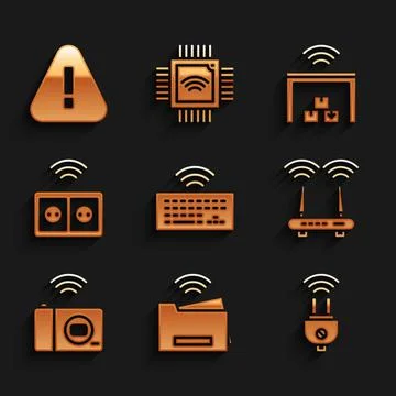 Set Wireless keyboard, Smart printer, electric plug, Router and wi-fi signal Stock Illustration
