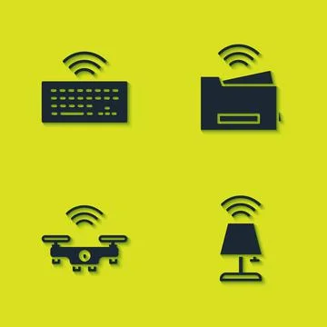 Set Wireless keyboard, Smart table lamp, drone and printer icon. Vector 스톡 일러스트