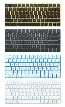 Set of wireless keyboards in different color schemes, shown in isometric styl Stock Photos