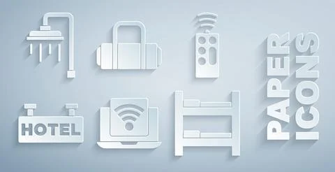 Set Wireless laptop, Remote control, Signboard with text Hotel, room bed Stock Illustration