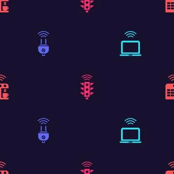 Set Wireless laptop, Smart electric plug, traffic light and coffee machine on Stock Illustration