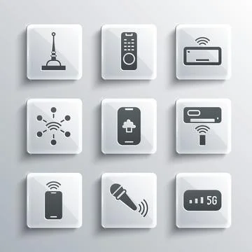 Set Wireless microphone, 5G wireless internet, Air conditioner, Cloud technology Stock Illustration