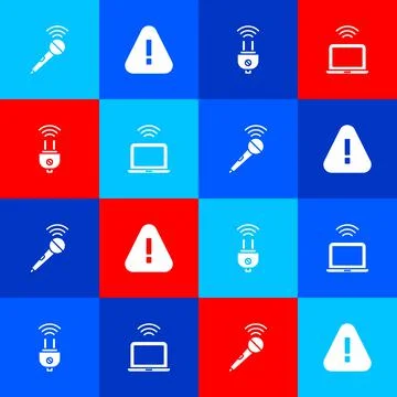 Set Wireless microphone, Exclamation mark in triangle, Smart electric plug and 스톡 일러스트