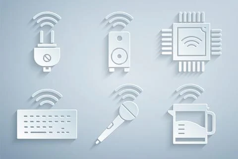 Set Wireless microphone, Processor with microcircuits CPU, keyboard, Smart .. 스톡 일러스트