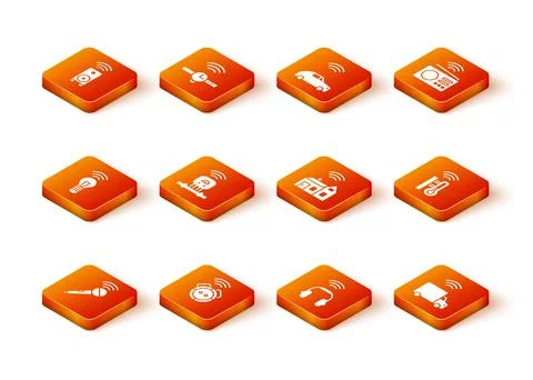 Set Wireless microphone, Robot vacuum cleaner, Smart light bulb, sensor, head Stock Illustration