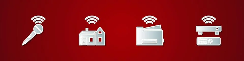 Set Wireless microphone, Smart home with wireless, printer and TV box receiver Stock Illustration