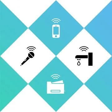 Set Wireless microphone, Smart printer, smartphone and water tap icon. Vector Stock Illustration