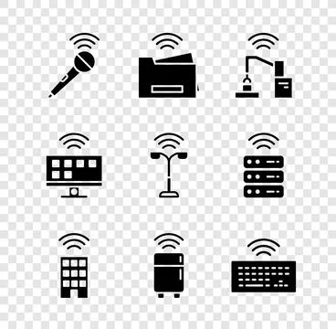 Set Wireless microphone, Smart printer, Robotic robot arm hand factory, hom.. Stock Illustration