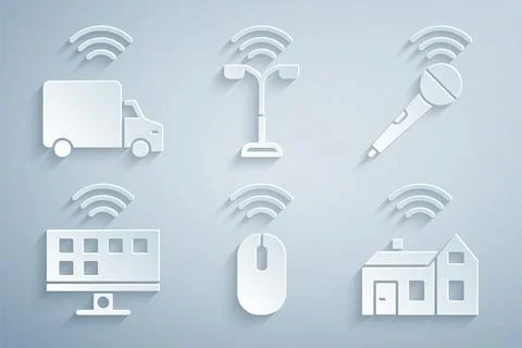 Set Wireless mouse, microphone, Smart Tv system, home with wireless, street.. Stock Illustration