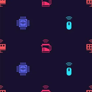 Set Wireless mouse, Processor with microcircuits CPU, Smart electric kettle and Illustrazione stock