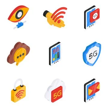 Set of Wireless Network Flat Isometric Icons 库存插图