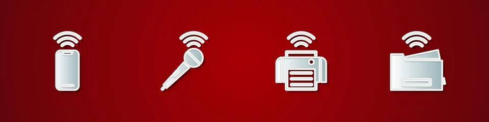 Set Wireless smartphone, microphone, Smart printer and  icon. Vector Stock Illustration