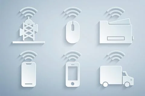 Set Wireless smartphone, Smart printer, truck, mouse and antenna icon. Vector Illustrazione stock