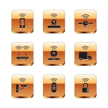 Set Wireless smartphone, Smart security camera, remote control, sensor, Router Stock Illustration