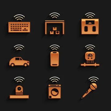 Set Wireless smartphone, Smart washer, microphone, sensor, security camera, car Stock Illustration